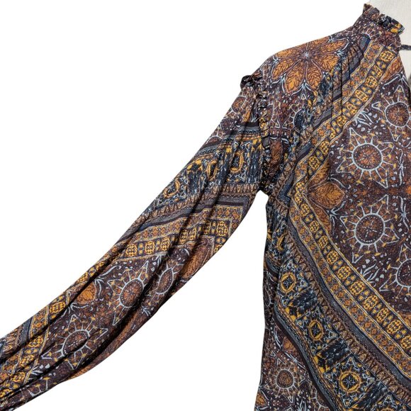 Free People Womens Size XS Little Runaway Brown Geometric Medallion Ruffle Top - Picture 5 of 10